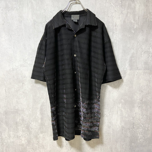 古着 used　LeMONDE　ルモンド　半袖開襟シャツ　ボーダー　黒　ブラック　レトロ　個性的　キラキラ　Lサイズ