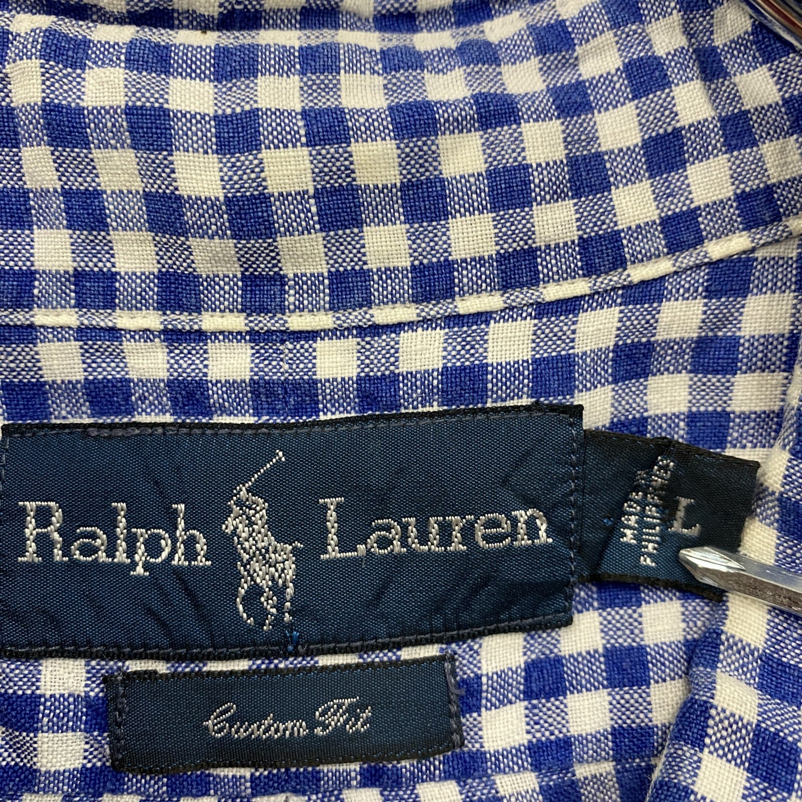 Ralph Lauren　ラルフローレン　長袖リネンボタンダウンシャツ　ギンガムチェック　青　ブルー　Lサイズ