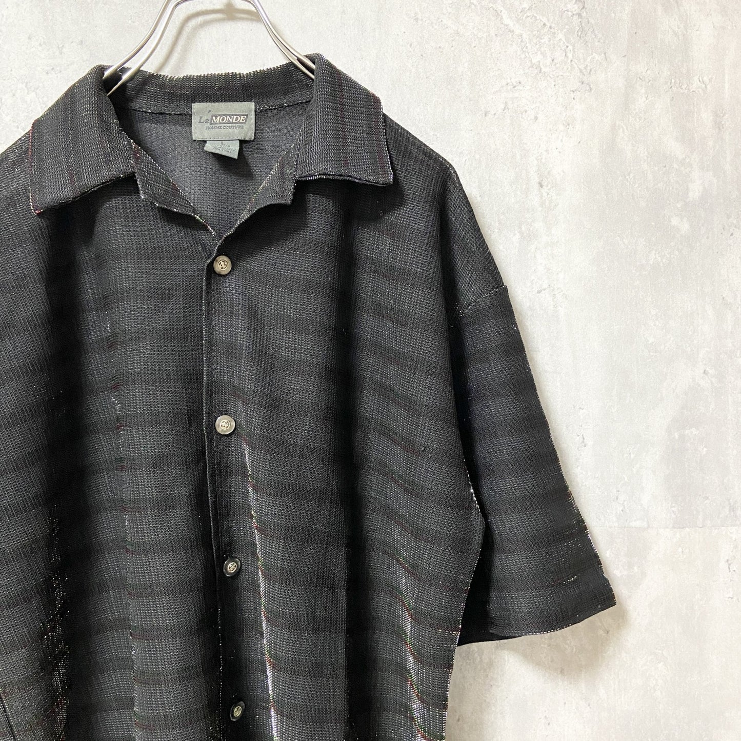 古着 used　LeMONDE　ルモンド　半袖開襟シャツ　ボーダー　黒　ブラック　レトロ　個性的　キラキラ　Lサイズ