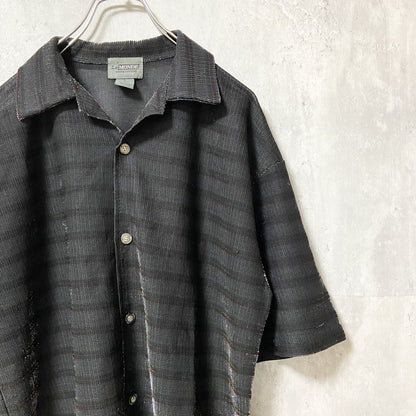 古着 used　LeMONDE　ルモンド　半袖開襟シャツ　ボーダー　黒　ブラック　レトロ　個性的　キラキラ　Lサイズ