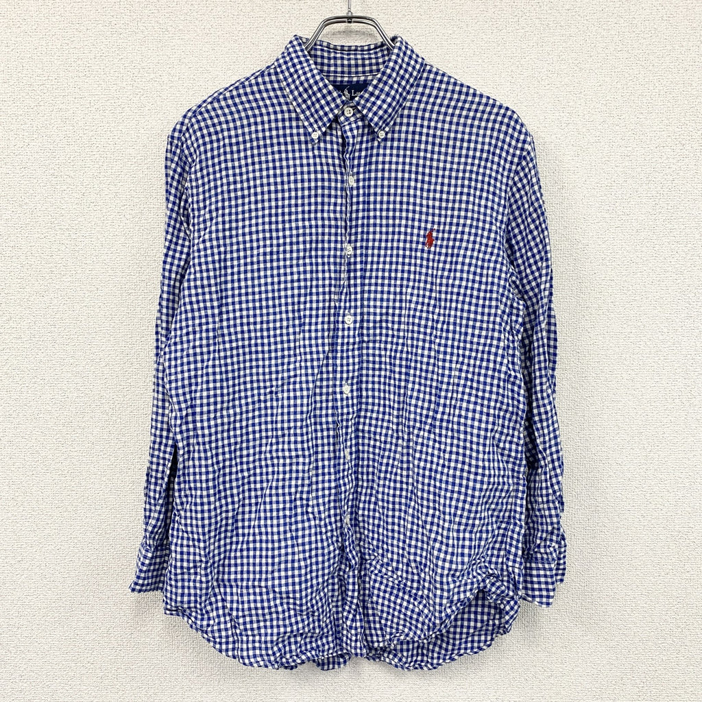 Ralph Lauren　ラルフローレン　長袖リネンボタンダウンシャツ　ギンガムチェック　青　ブルー　Lサイズ
