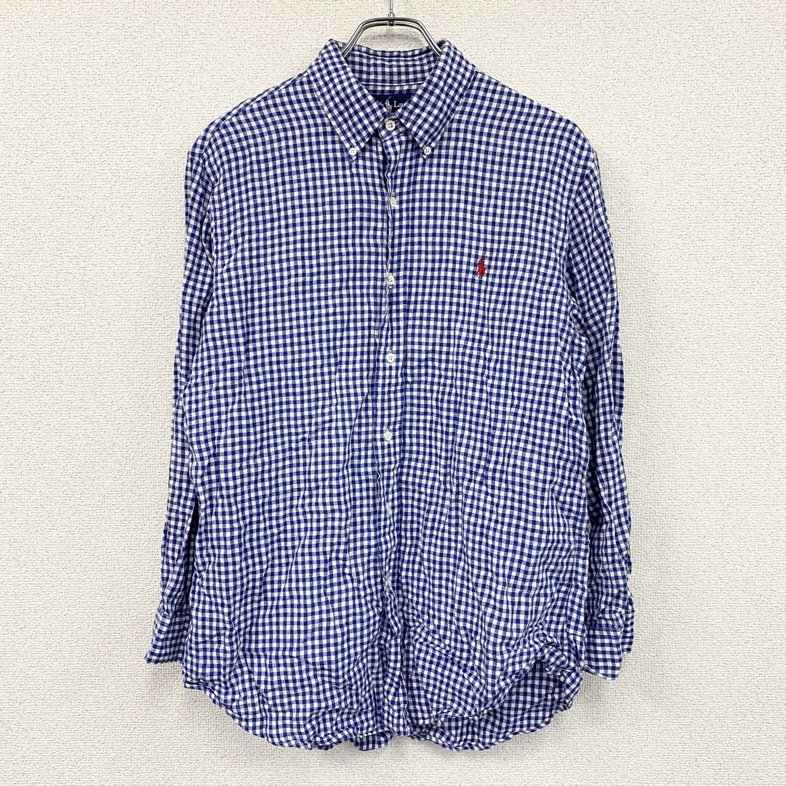 Ralph Lauren　ラルフローレン　長袖リネンボタンダウンシャツ　ギンガムチェック　青　ブルー　Lサイズ