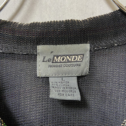 古着 used　LeMONDE　ルモンド　半袖開襟シャツ　ボーダー　黒　ブラック　レトロ　個性的　キラキラ　Lサイズ