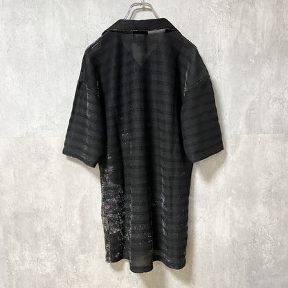 古着 used　LeMONDE　ルモンド　半袖開襟シャツ　ボーダー　黒　ブラック　レトロ　個性的　キラキラ　Lサイズ