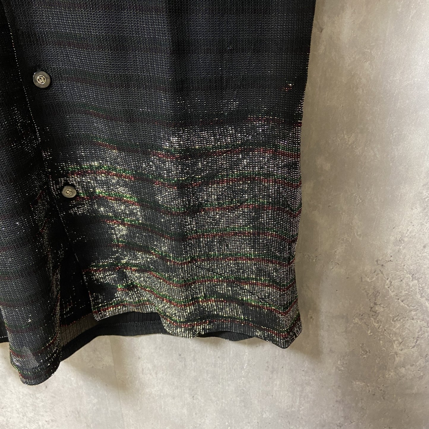 古着 used　LeMONDE　ルモンド　半袖開襟シャツ　ボーダー　黒　ブラック　レトロ　個性的　キラキラ　Lサイズ