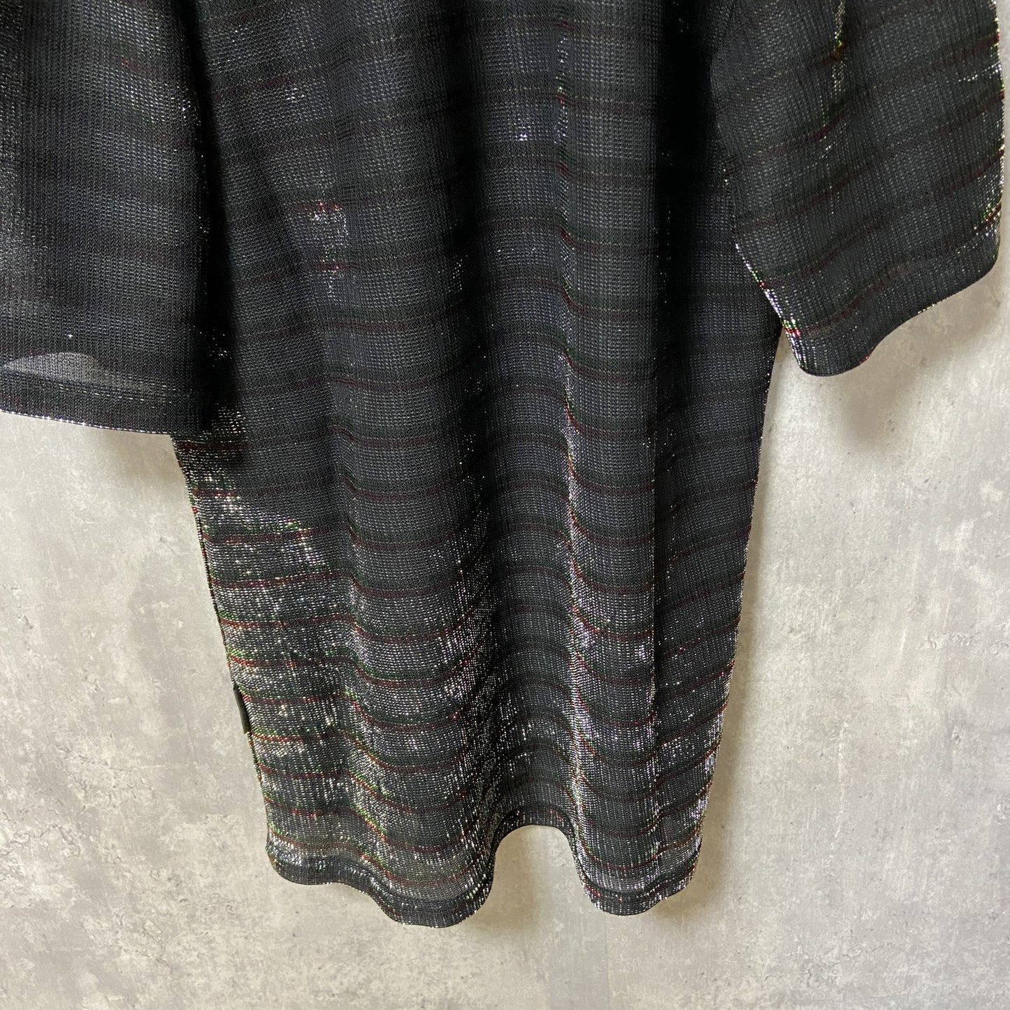 古着 used　LeMONDE　ルモンド　半袖開襟シャツ　ボーダー　黒　ブラック　レトロ　個性的　キラキラ　Lサイズ