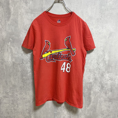 古着 used　Majestic マジェスティック　MLB　カージナルス　半袖ロゴプリントTシャツ　バックプリント　赤　Sサイズ