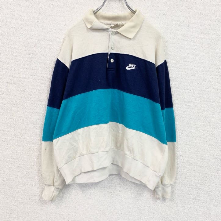 ～90s　NIKE　ナイキ　長袖ポロシャツニット　銀タグ　ヴィンテージ　ホワイト　ネイビー　ライトブルー　XLサイズ