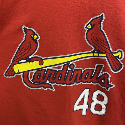 古着 used　Majestic マジェスティック　MLB　カージナルス　半袖ロゴプリントTシャツ　バックプリント　赤　Sサイズ