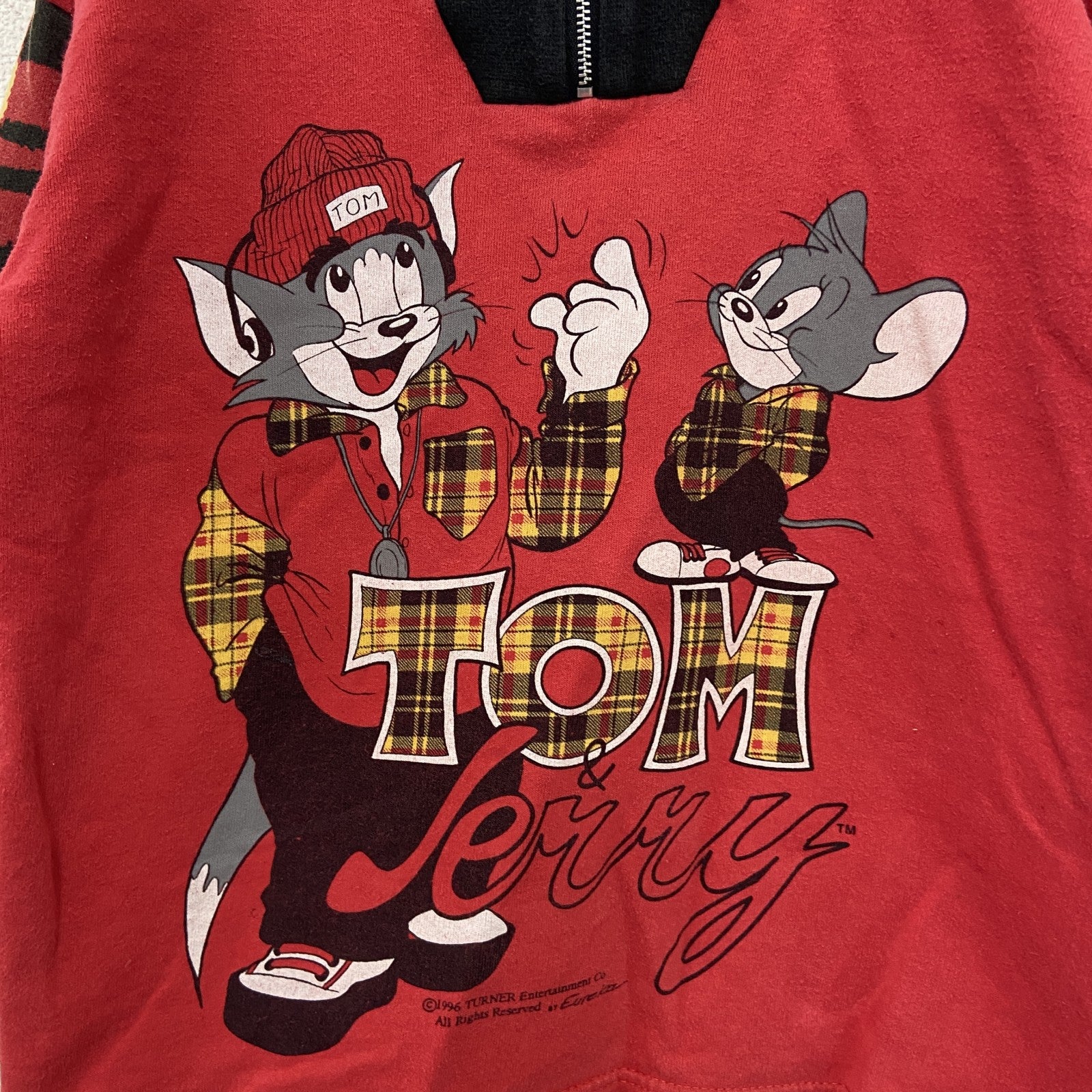 TOM&JERRY　トムとジェリー　ハーフジップスウェット/トレーナー　ハイネック　チェック柄　赤　レッド　Ｍサイズ