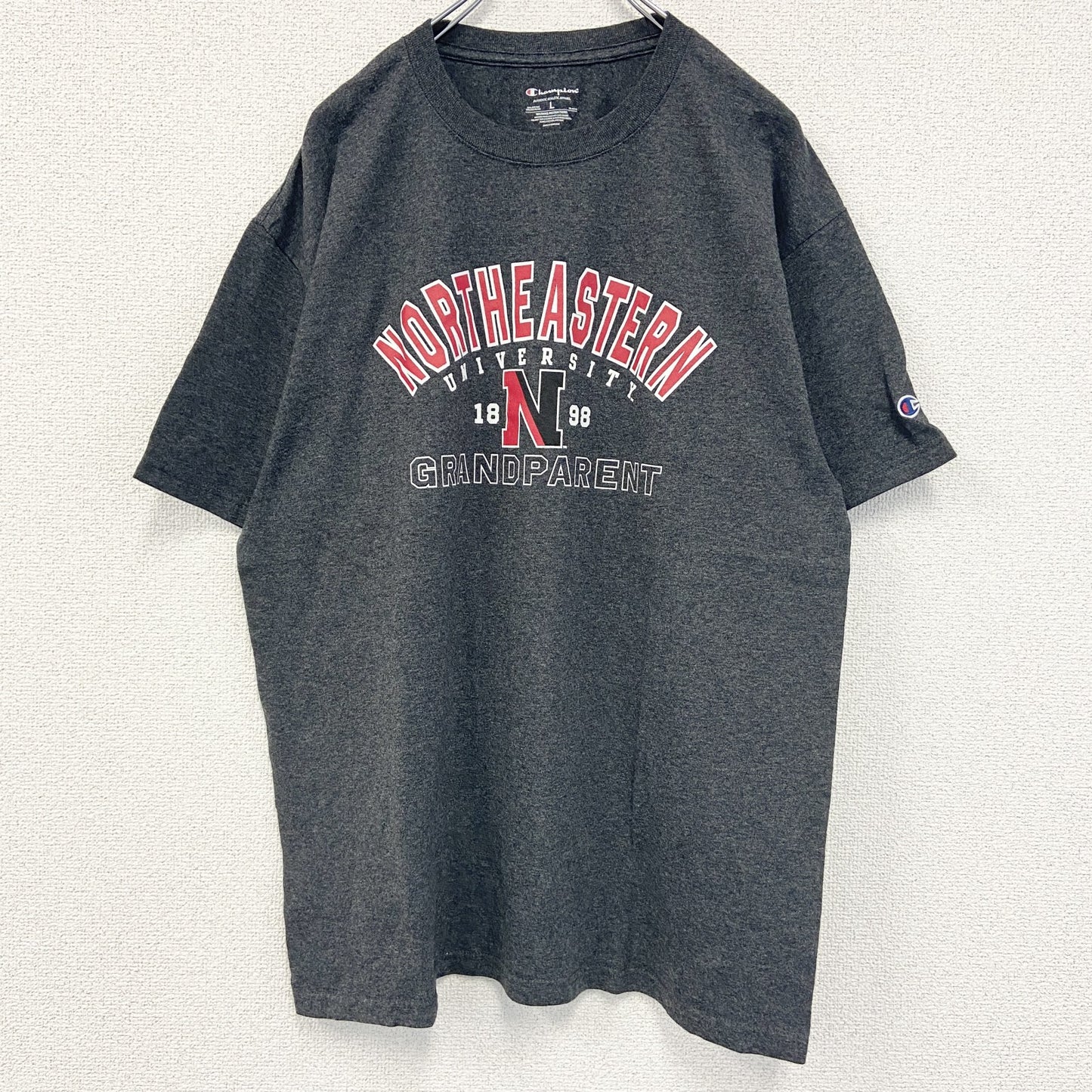 古着 used　champion チャンピオン　半袖カレッジプリントTシャツ　ノースイースタン大学　レトロ　グレー　Lサイズ