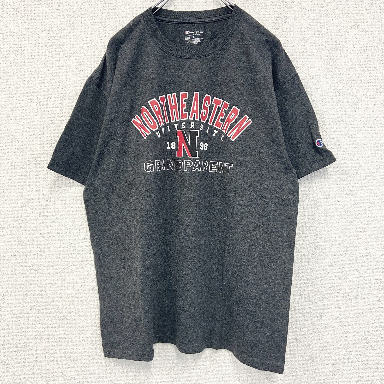 古着 used　champion チャンピオン　半袖カレッジプリントTシャツ　ノースイースタン大学　レトロ　グレー　Lサイズ