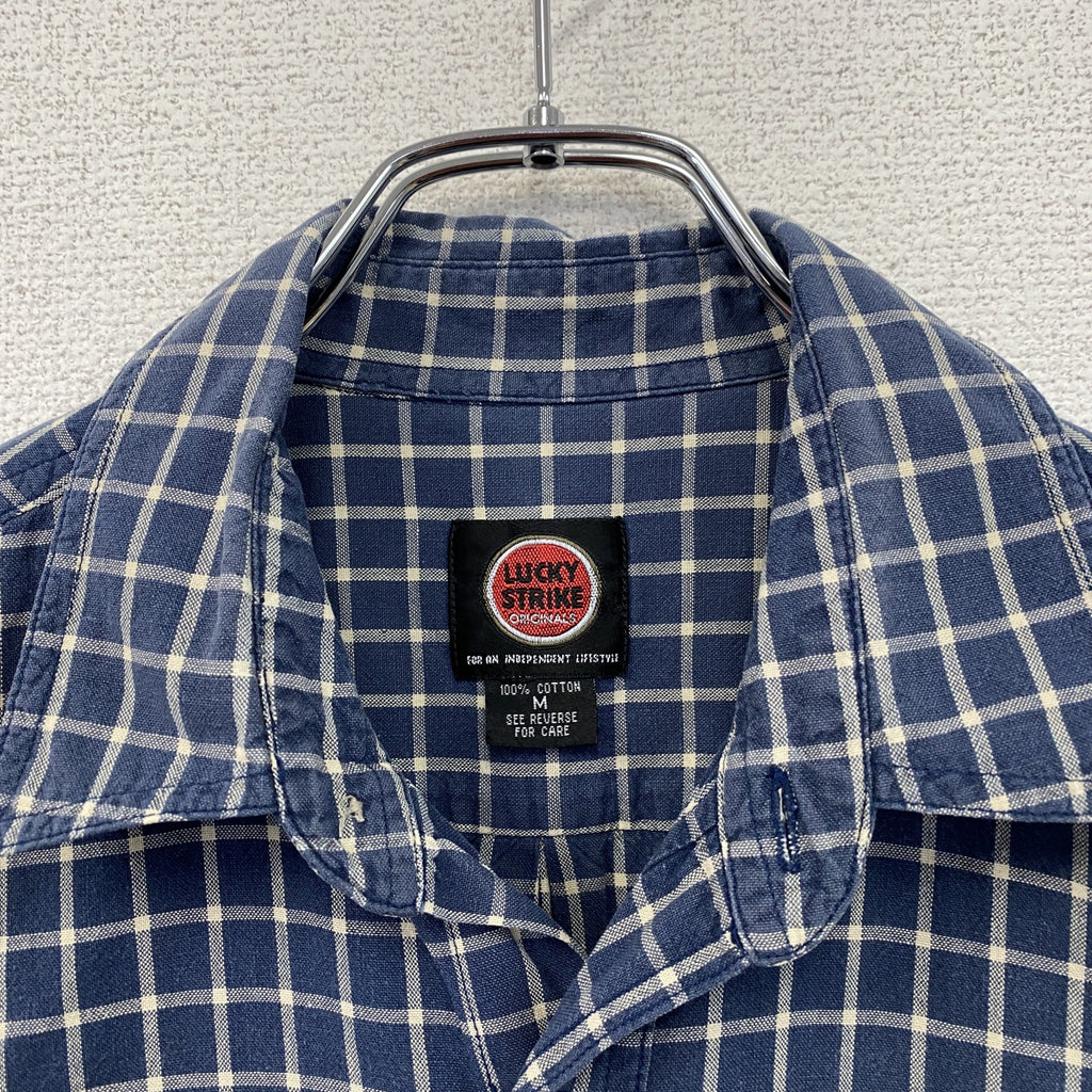 90s～　LUCKY STRIKE　ラッキーストライク　半袖シャツ　チェック柄　ヴィンテージ　紺　ネイビー　Mサイズ