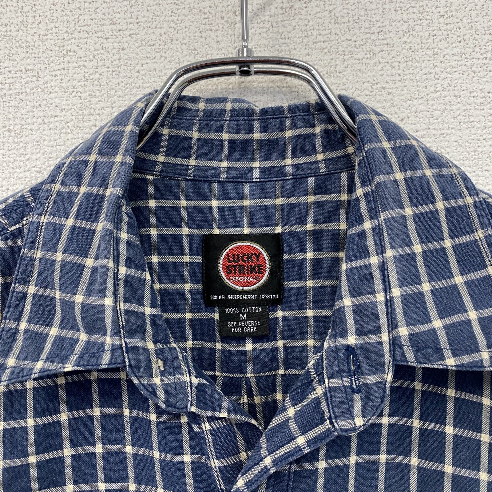 90s～　LUCKY STRIKE　ラッキーストライク　半袖シャツ　チェック柄　ヴィンテージ　紺　ネイビー　Mサイズ