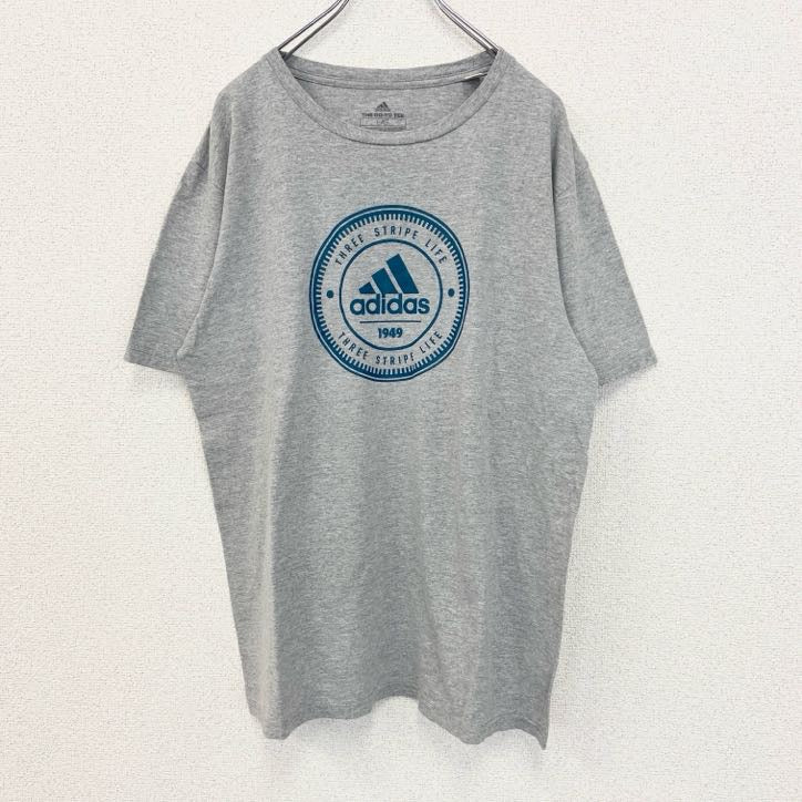 古着 used　adidas　アディダス　半袖ビッグロゴプリントTシャツ　THREE STORIPU LIFE　グレー　Lサイズ