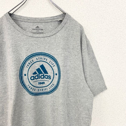 古着 used　adidas　アディダス　半袖ビッグロゴプリントTシャツ　THREE STORIPU LIFE　グレー　Lサイズ