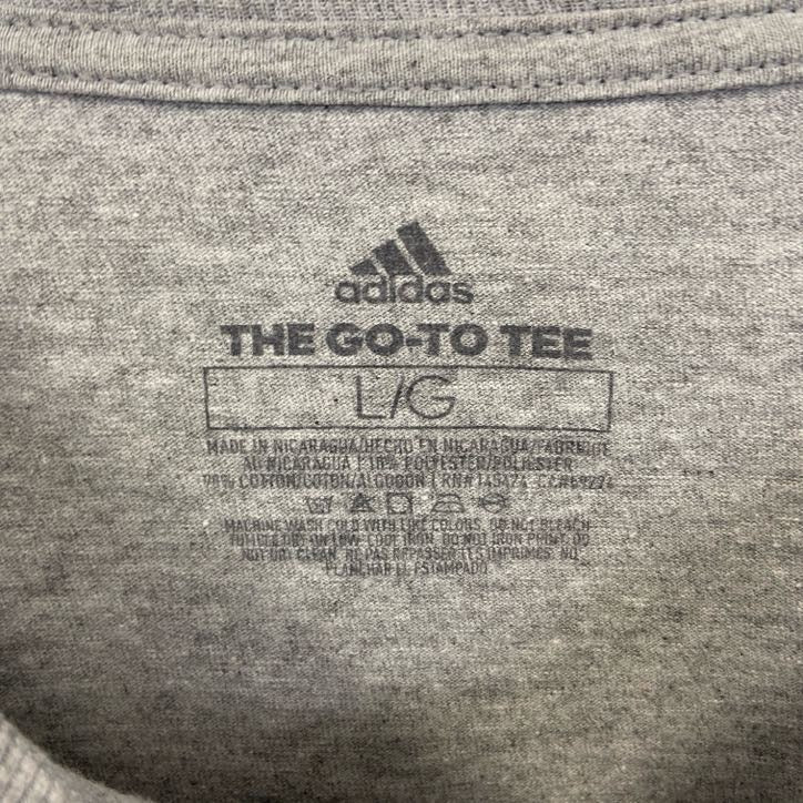 古着 used　adidas　アディダス　半袖ビッグロゴプリントTシャツ　THREE STORIPU LIFE　グレー　Lサイズ