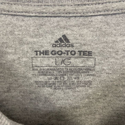 古着 used　adidas　アディダス　半袖ビッグロゴプリントTシャツ　THREE STORIPU LIFE　グレー　Lサイズ