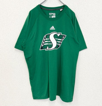 古着 used　adidas　アディダス　半袖フットボールプリントTシャツ　サスカチュワン ラフライダーズ　カナダ　緑　XLサイズ