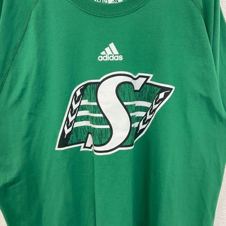 古着 used　adidas　アディダス　半袖フットボールプリントTシャツ　サスカチュワン ラフライダーズ　カナダ　緑　XLサイズ