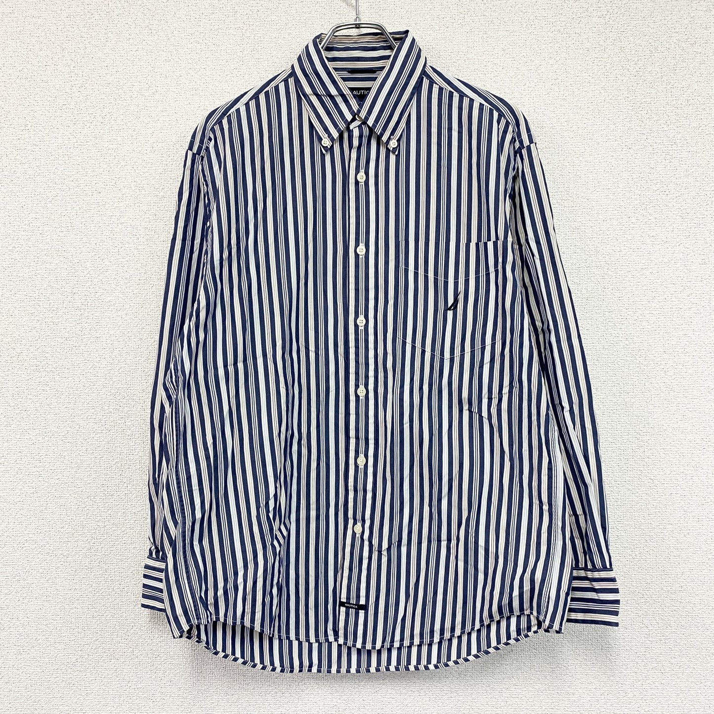 NAUTICA　ノーティカ　SANDED POPLIN　長袖ボタンダウンシャツ　ストライプ　マルチカラー　紺　ネイビー　Mサイズ