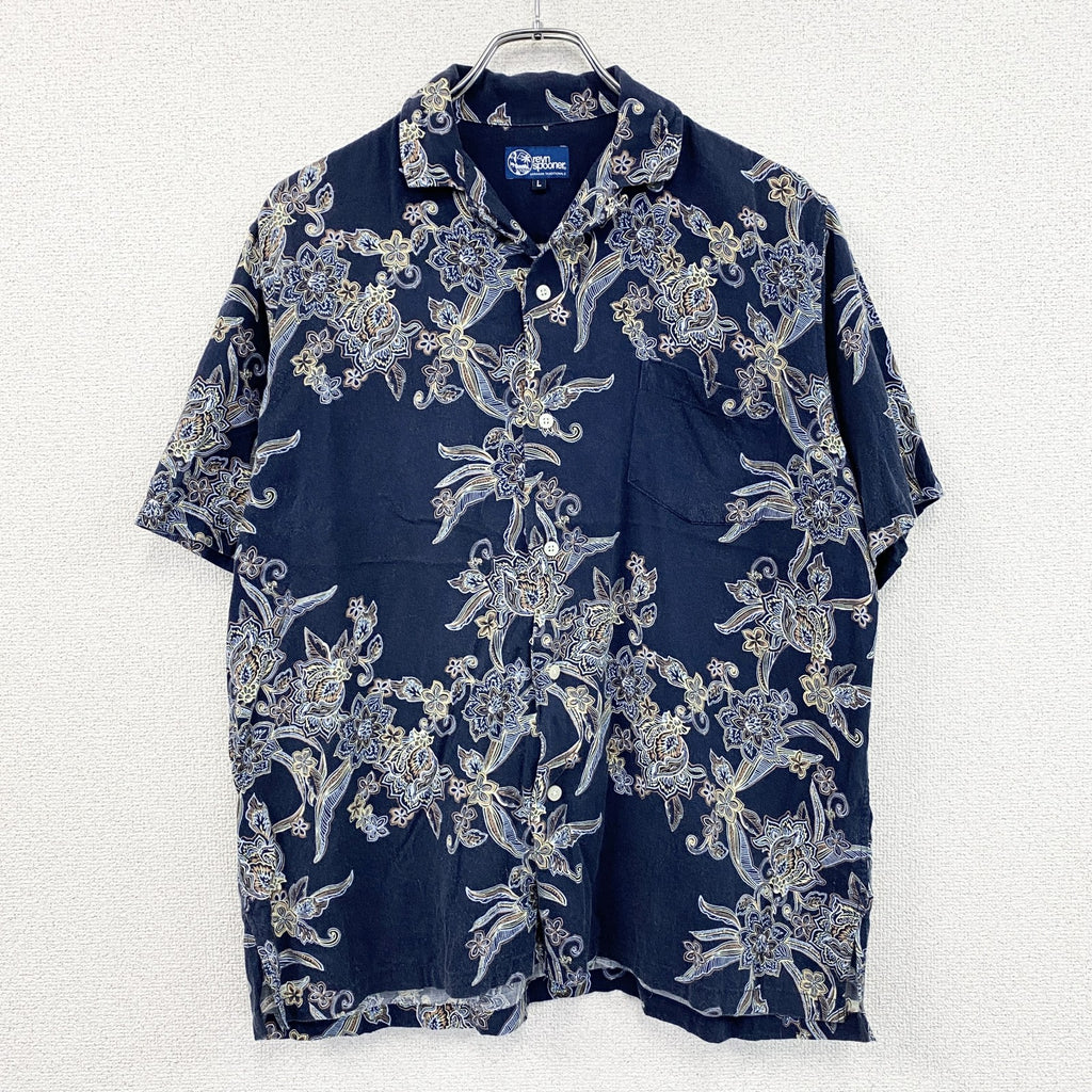 reyn Spooner　レインスプーナー　半袖開襟シャツ　アロハシャツ　紺　ネイビー　Lサイズ　