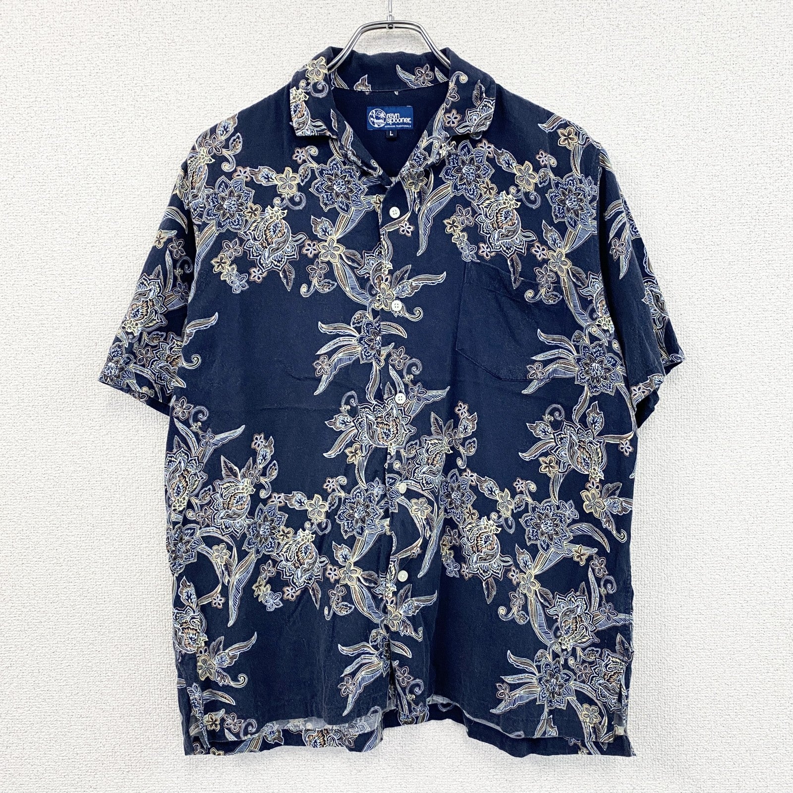 reyn Spooner　レインスプーナー　半袖開襟シャツ　アロハシャツ　紺　ネイビー　Lサイズ　