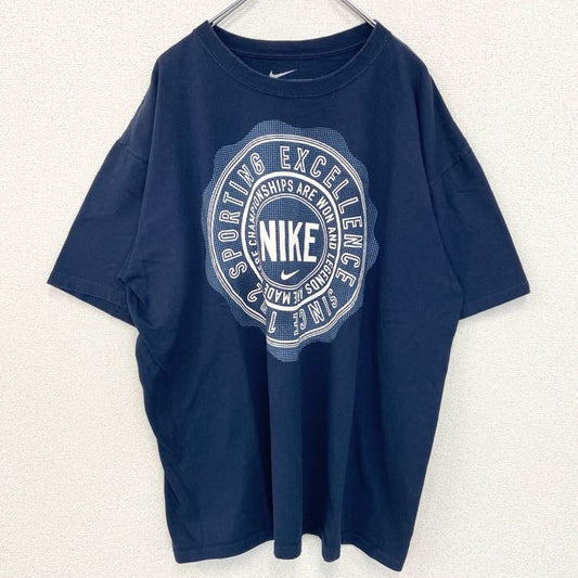 古着 used　NIKE　ナイキ　半袖グラフィックプリントTシャツ　ネイビー　スウッシュマーク　スポーツウェア　XLサイズ