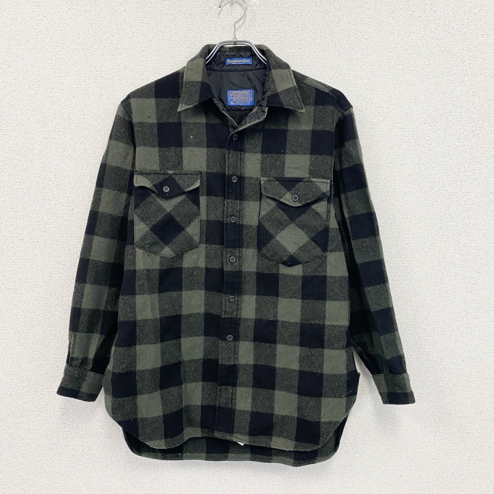 70s　PENDELTON　ペンドルトン　ウールシャツ　CPOシャツ　ヴィンテージ　ブロックチェック柄　黒　緑　Lサイズ