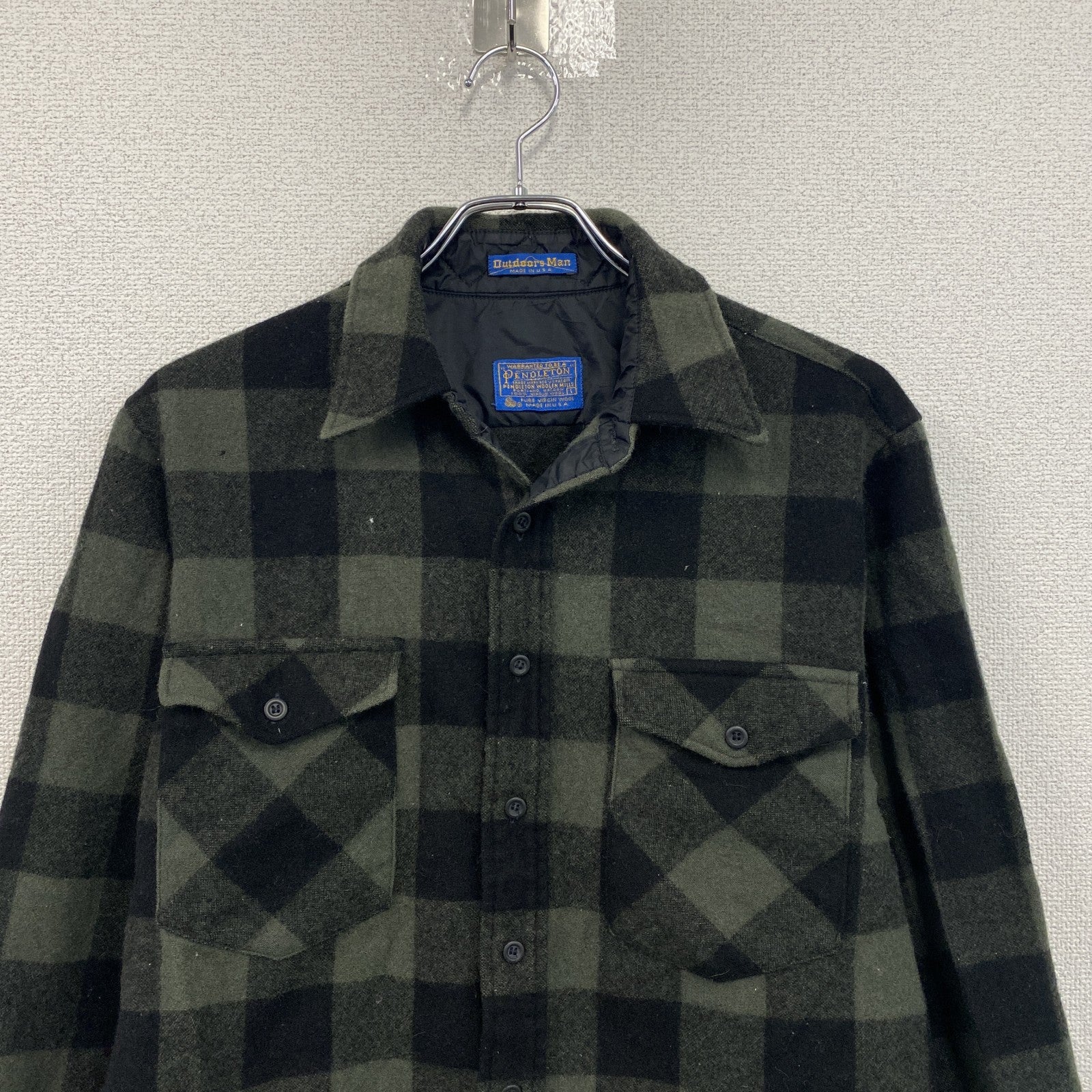 70s　PENDELTON　ペンドルトン　ウールシャツ　CPOシャツ　ヴィンテージ　ブロックチェック柄　黒　緑　Lサイズ