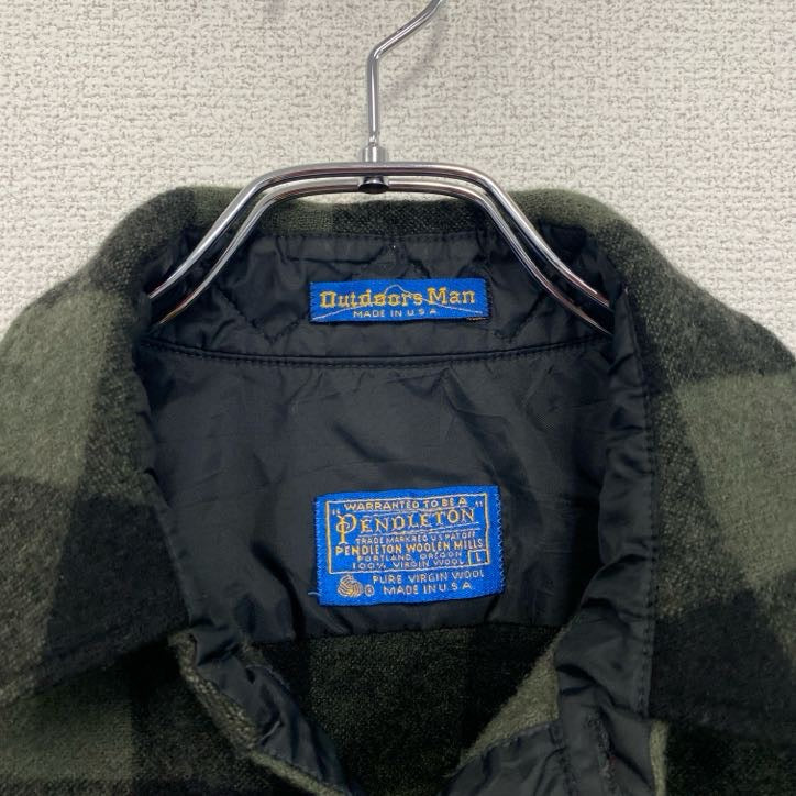 70s　PENDELTON　ペンドルトン　ウールシャツ　CPOシャツ　ヴィンテージ　ブロックチェック柄　黒　緑　Lサイズ
