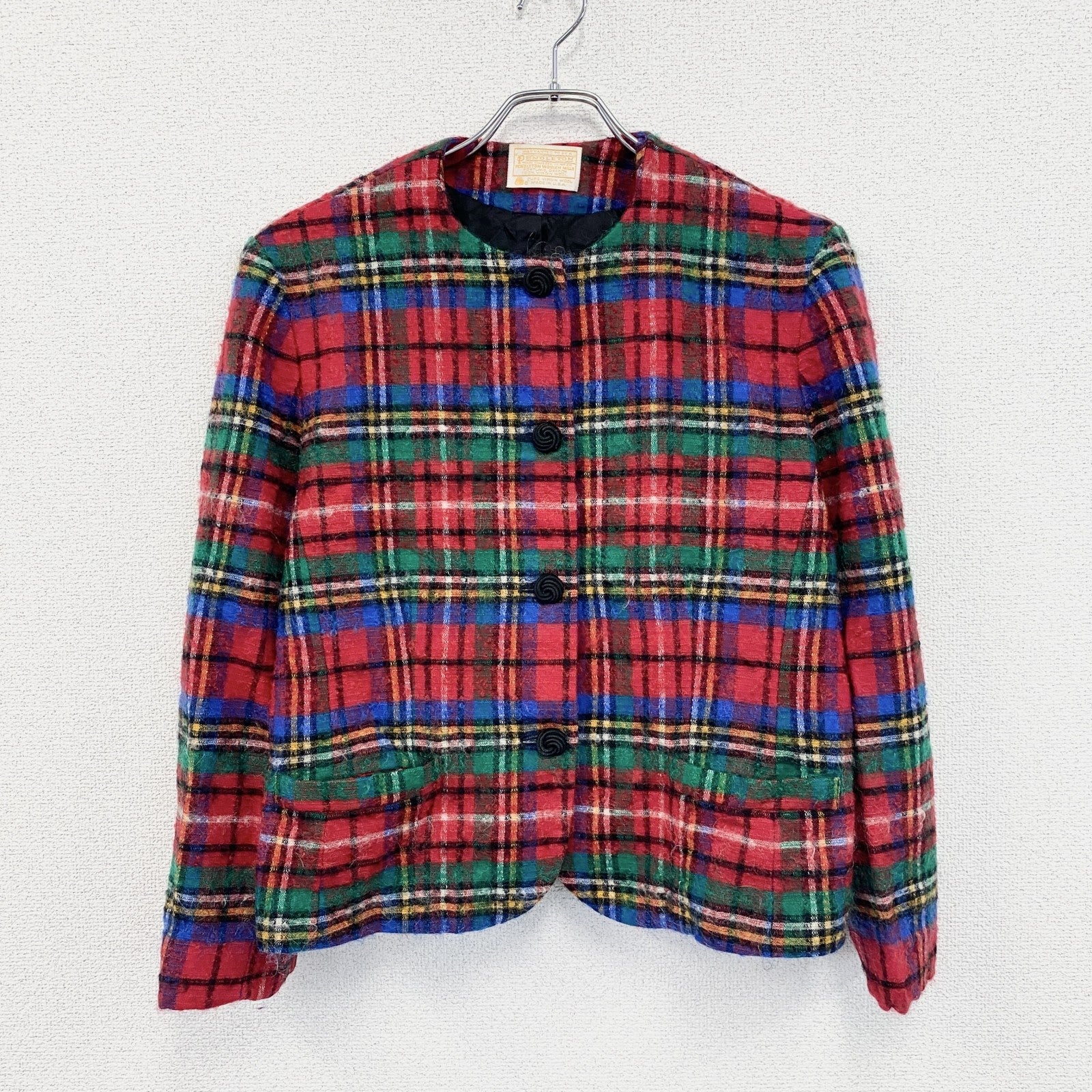 70s　PENDLETON　ペンドルトン　ウールノーカラージャケット　ヴィンテージ　タータンチェック　マルチカラー