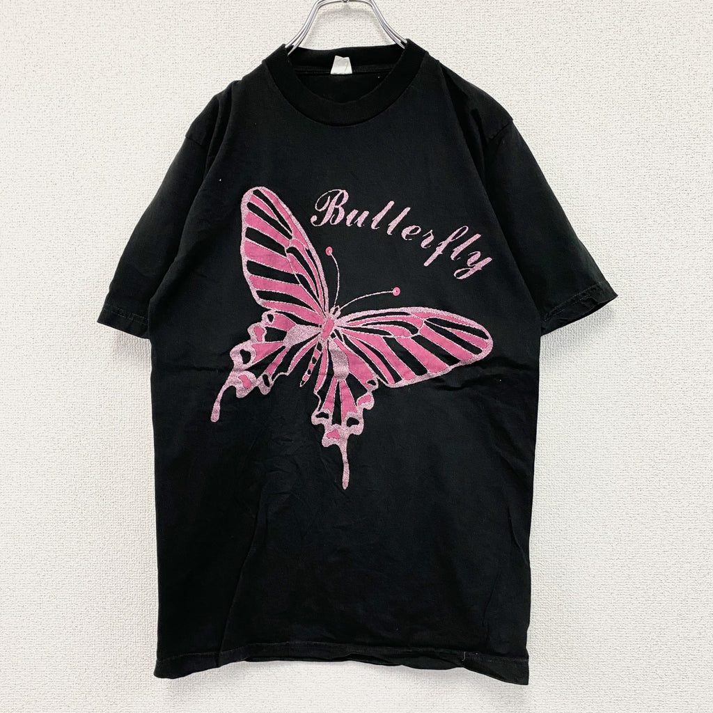 バタフライ　半袖プリントTシャツ　ユーロ　黒　ブラック　Mサイズ