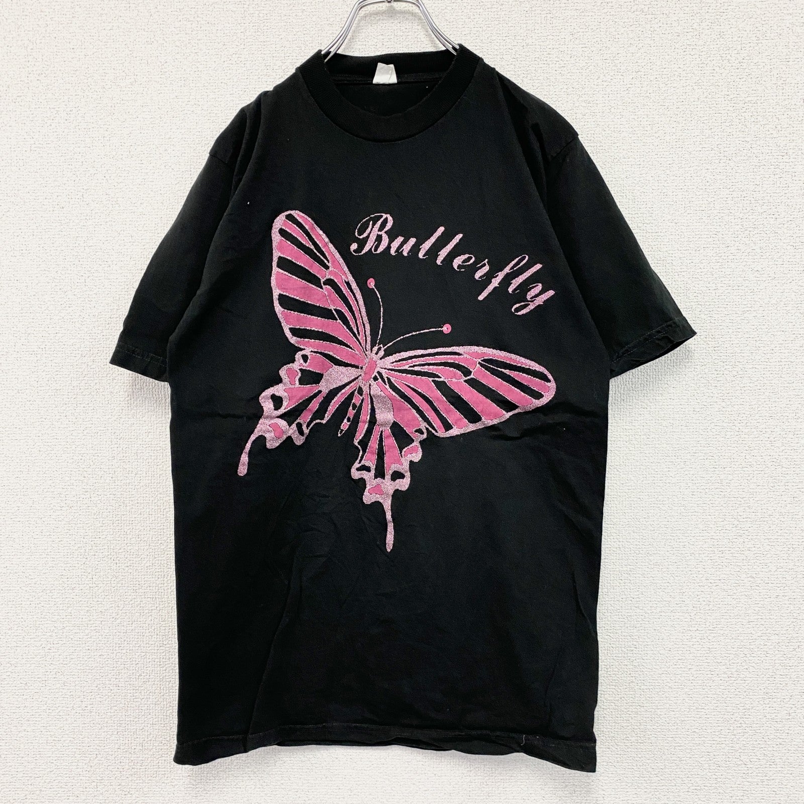 バタフライ　半袖プリントTシャツ　ユーロ　黒　ブラック　Mサイズ