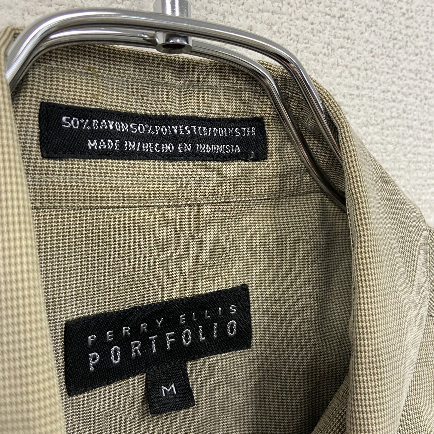 90s　 PERRY ELLIS PORTFOLIO　ペリー エリス ポートフォリオ　半袖シャツ　千鳥柄　ベージュ　Mサイズ