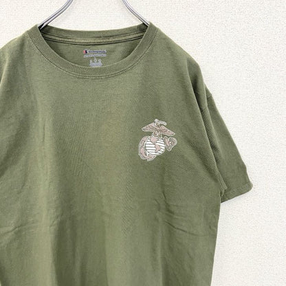 古着 used　champion　チャンピオン　半袖プリントTシャツ　ワンポイントデザイン　緑　ミリタリー　米軍　海兵　Lサイズ