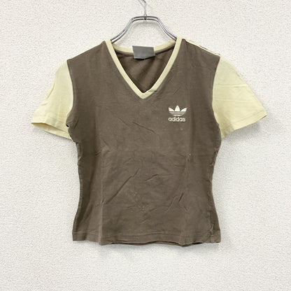 80s～　adidas　アディダス　半袖Ｔシャツ　ピチT　Vネック　トレフォイルロゴ　刺繍ロゴ　y2k　茶色　ブラウン　Mサイズ