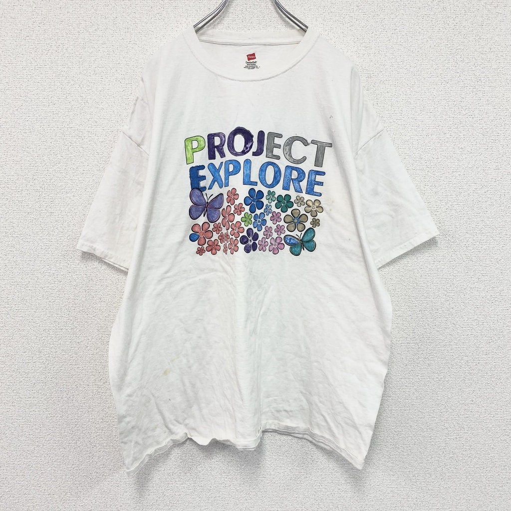 Hanes　ヘインズ　半袖プリントイラストTシャツ　3連プリント　蝶　白　ホワイト　2XLサイズ