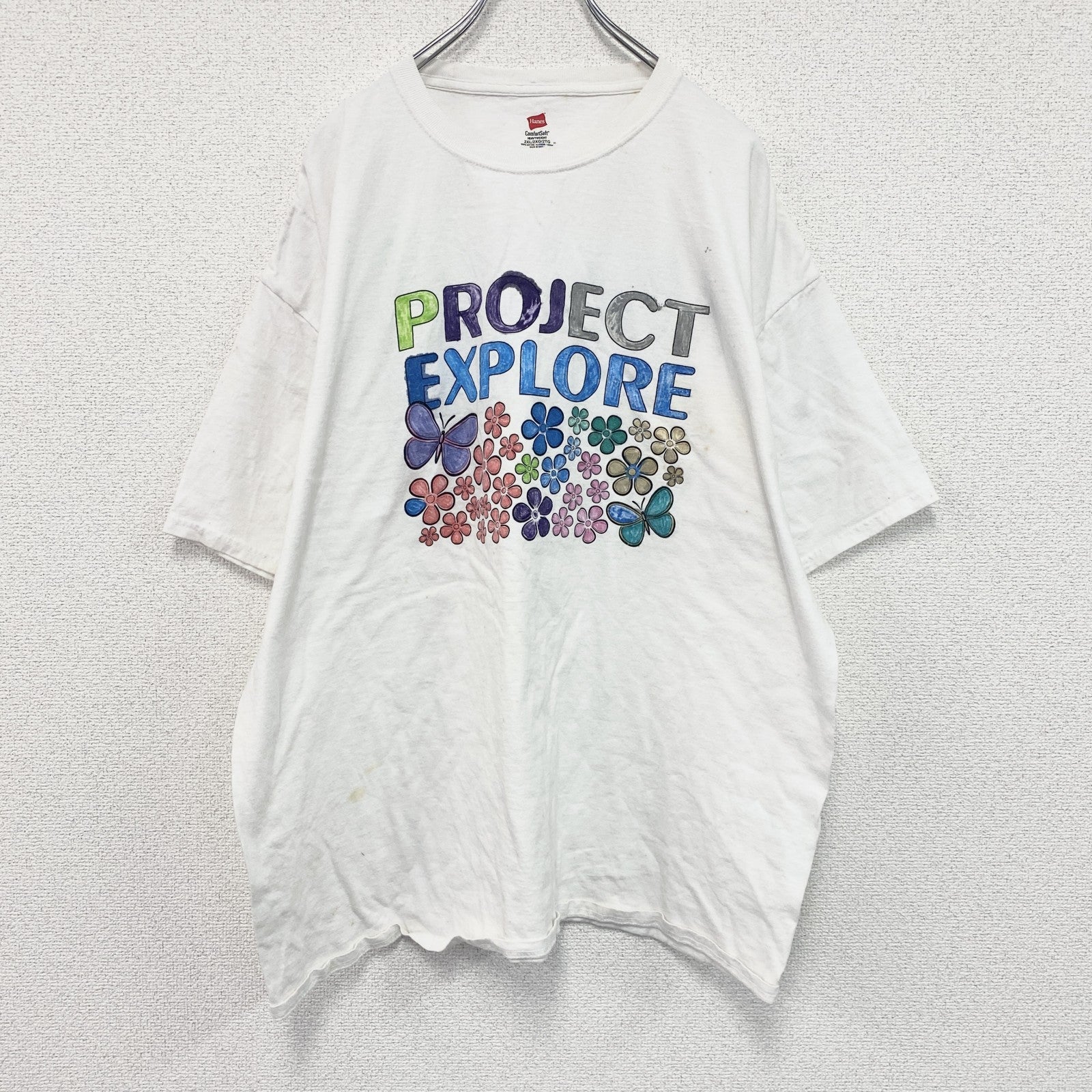 Hanes　ヘインズ　半袖プリントイラストTシャツ　3連プリント　蝶　白　ホワイト　2XLサイズ
