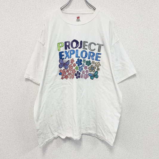 Hanes　ヘインズ　半袖プリントイラストTシャツ　3連プリント　蝶　白　ホワイト　2XLサイズ