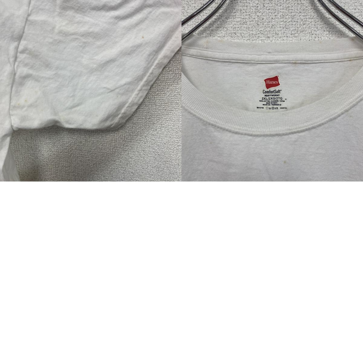 Hanes　ヘインズ　半袖プリントイラストTシャツ　3連プリント　蝶　白　ホワイト　2XLサイズ