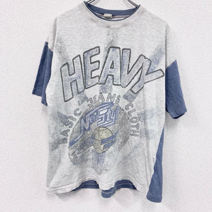 半袖イラストプリントTシャツ　アーチプリント　両面プリント　切り替え　スポーツ　霜降りグレー　青　ブルー　XLサイズ