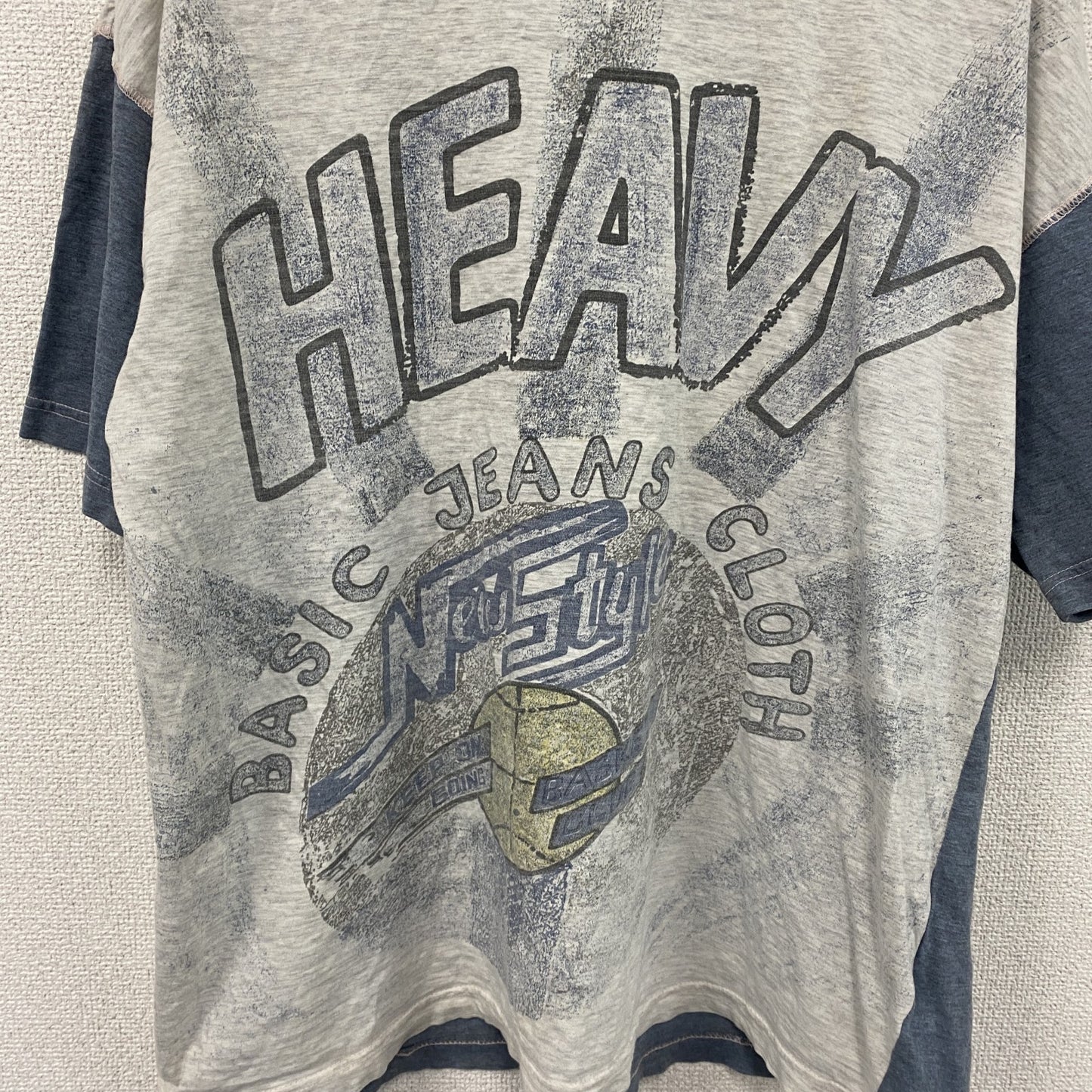半袖イラストプリントTシャツ　アーチプリント　両面プリント　切り替え　スポーツ　霜降りグレー　青　ブルー　XLサイズ