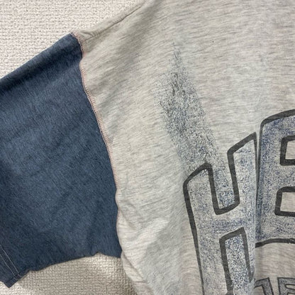 半袖イラストプリントTシャツ　アーチプリント　両面プリント　切り替え　スポーツ　霜降りグレー　青　ブルー　XLサイズ