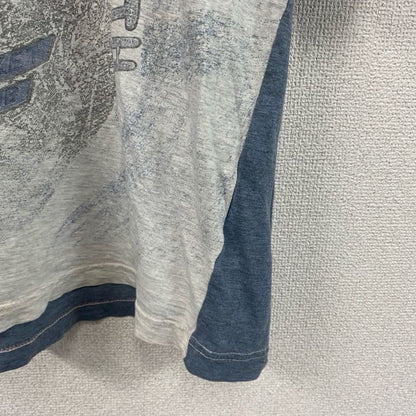 半袖イラストプリントTシャツ　アーチプリント　両面プリント　切り替え　スポーツ　霜降りグレー　青　ブルー　XLサイズ