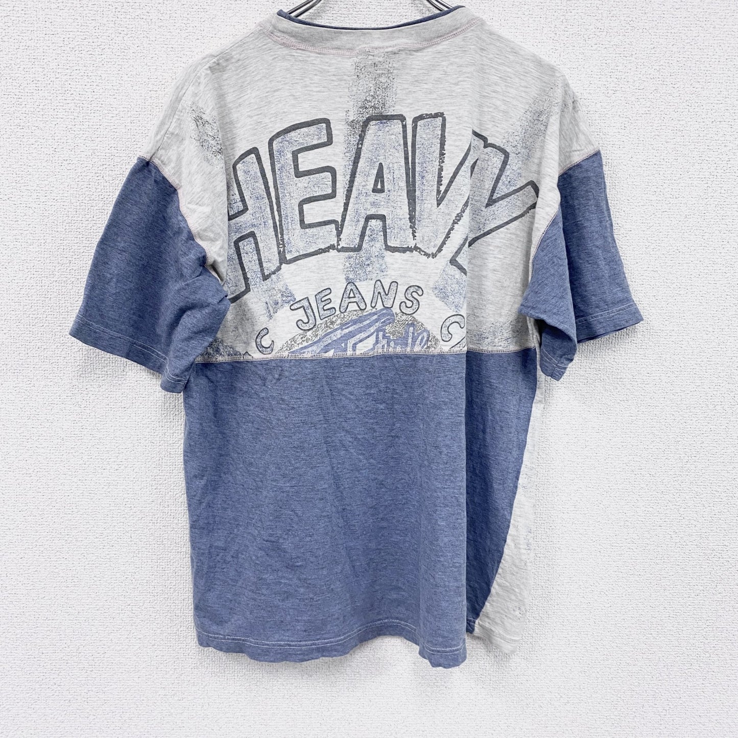 半袖イラストプリントTシャツ　アーチプリント　両面プリント　切り替え　スポーツ　霜降りグレー　青　ブルー　XLサイズ