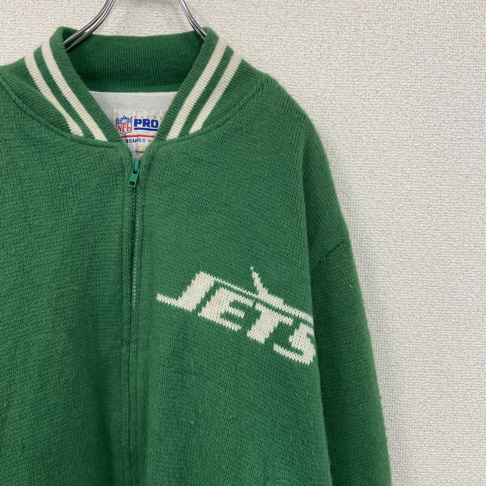 ～90s　PRO LINE　NFL　JETS　フルジップニットスタジャン　ヴィンテージ　緑　グリーン　Lサイズ