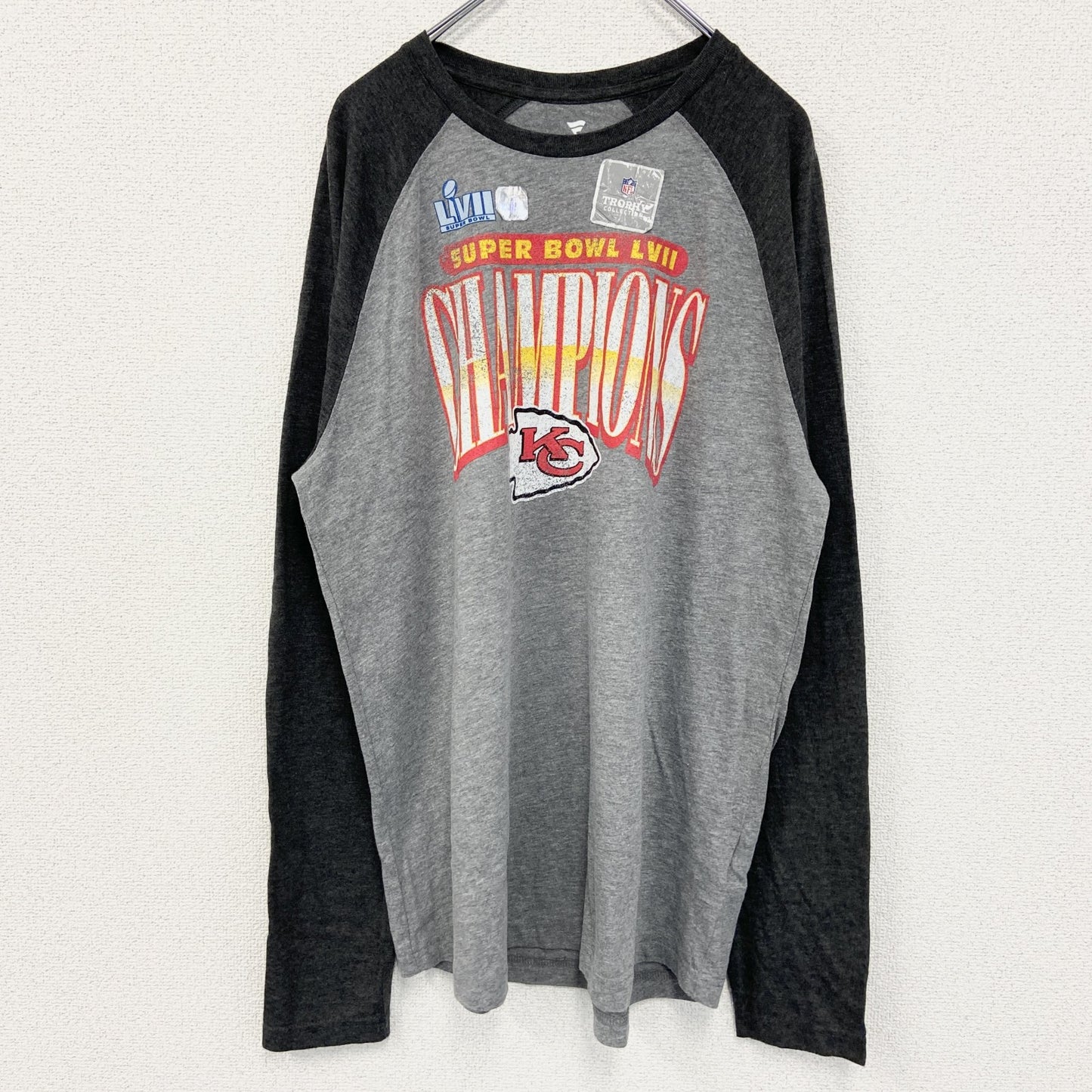古着 used　Fanatics フィナティックス　NFL　スーパーボウル　長袖ラグランTシャツ　グレー　レトロデザイン　Lサイズ