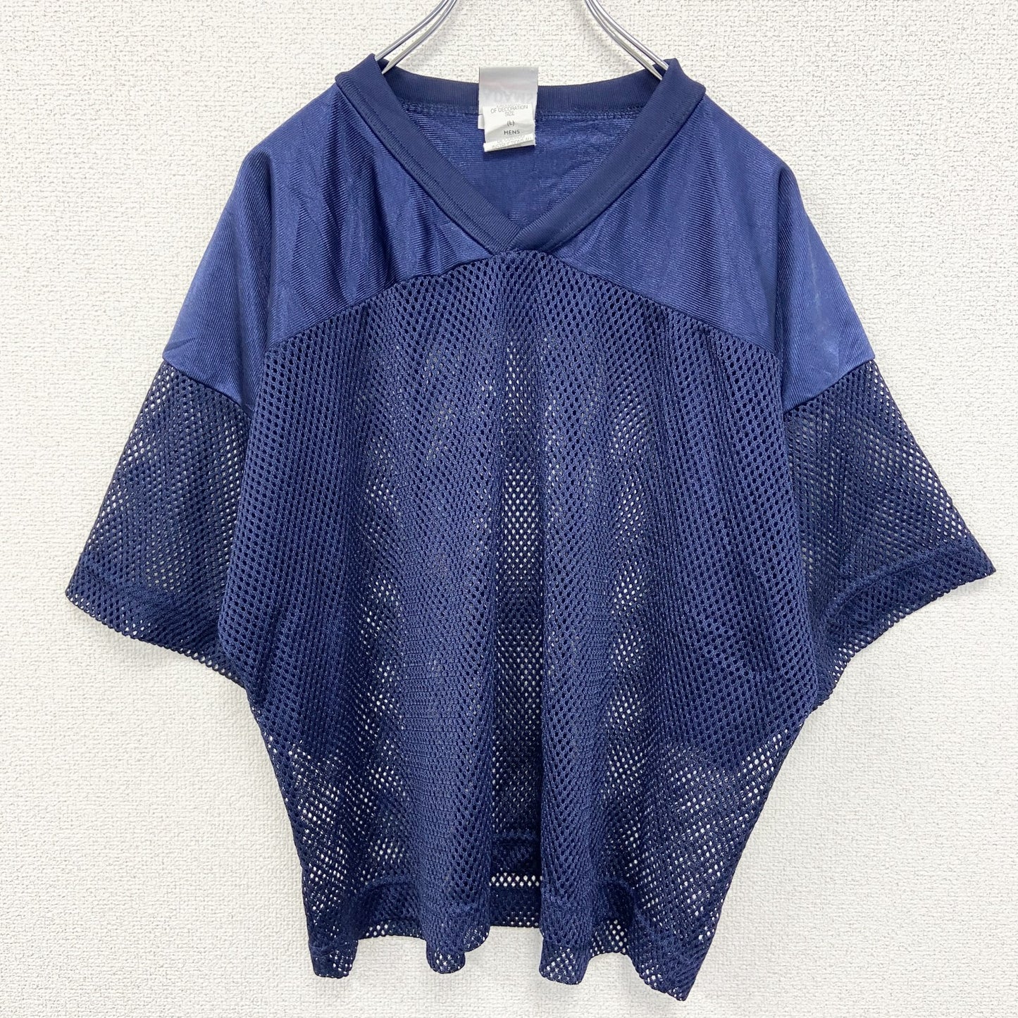 古着 used　ADAMS USA　半袖デザインTシャツ　メッシュ　青　ブルー　Vネック　個性的　レトロ　Lサイズ