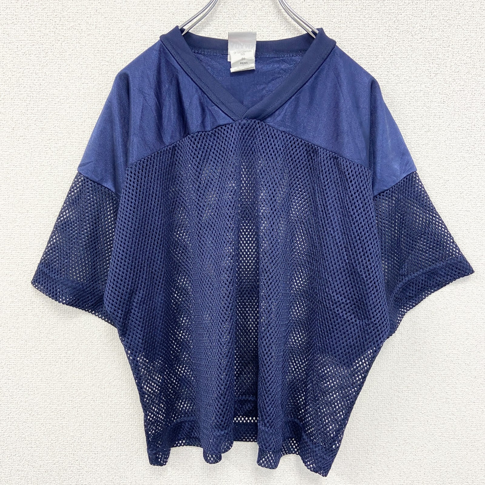 古着 used　ADAMS USA　半袖デザインTシャツ　メッシュ　青　ブルー　Vネック　個性的　レトロ　Lサイズ